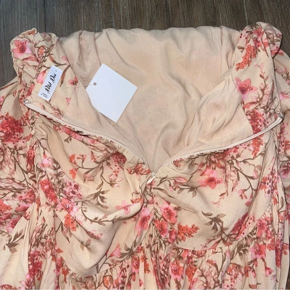 Coquette Boho Cottagecore Dress Cut Out Pink Floral  Dress Puff Sleeves L - Picture 9 of 14
